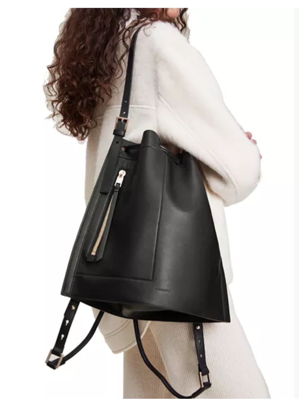 AllSaints Black Leather Drawstring Backpack NWT